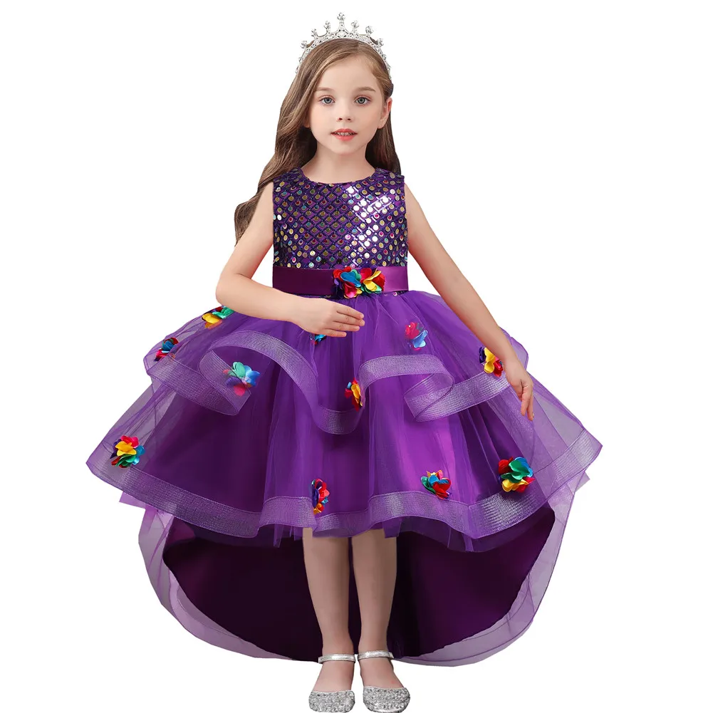 

New Fashion Girls Birthday Dresses for 3-12Y Princess Pink Girls Tutu Dress Long Tail Flower Girl Wedding Dress