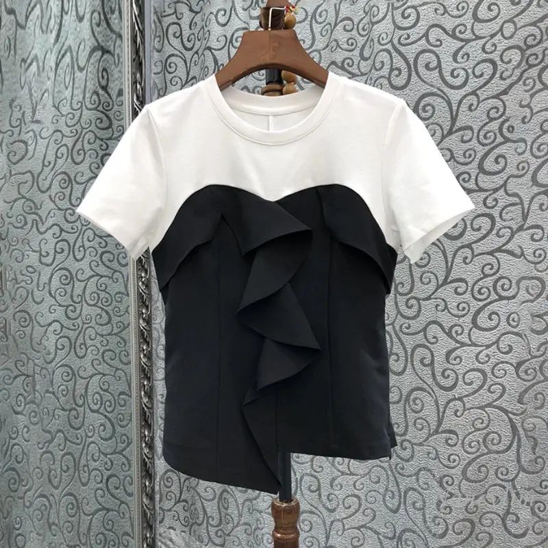 

Irregular Ruffled Patchwork Short-Sleeved T-shirt Women's 2023 Summer Design Sense Round Neck False Two Pieces Top Black White T