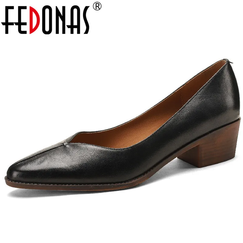 

Женские туфли-лодочки FEDONAS, офисные туфли из натуральной кожи на толстом каблуке с острым носком, весна-лето 2019