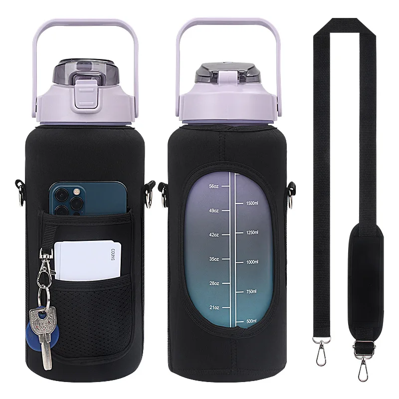 2000ml Neoprene Water Bottle Sleeve Hot Water Bottle Cover With Pocket Gym Water Bottle With Metal Shoulder Strap Phone Holder
