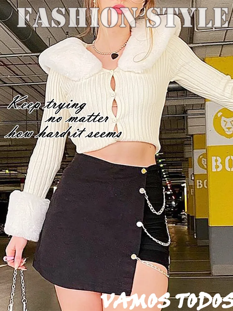 

Bodycon Sexy Woman Skirts Ashymetrical High Fashion Mujer Fladas High Waist Black Y2k Mini Skirt Zipper Closure Chain Decor