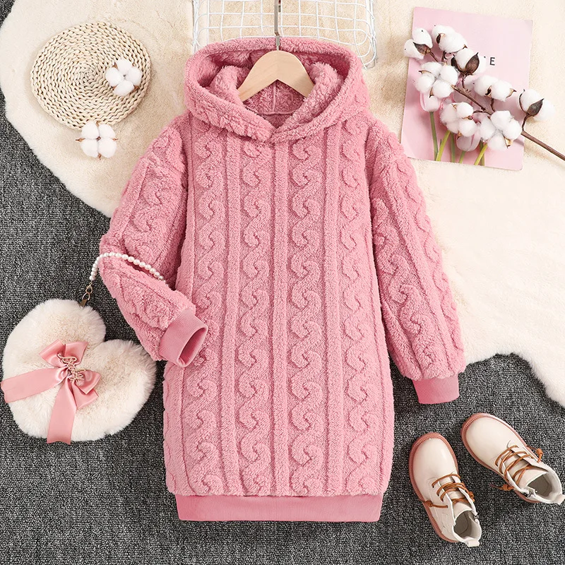 

2023 Winter New Girls Dress Long Sleeve Hooded Knitted Pink Cute Designer Girls Princess Dress Vestido 0-3T