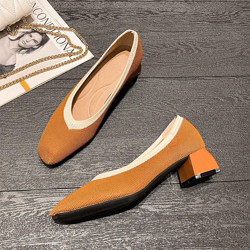 2022 Spring Summer Thick Heel Shoes Women's Square Head Shallow Mouth Princess Knitting Mid-heel Temperament Women's Pumps
