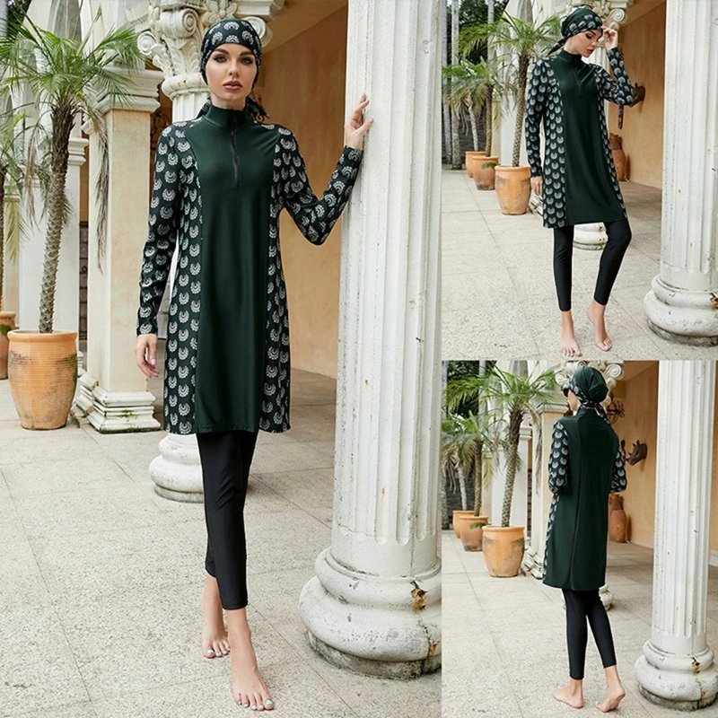 Simple Three Pieces Full Body Bikini Long Sleeve Muslim Tankini Full Coverage