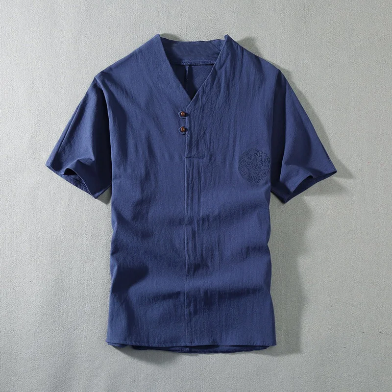

Футболка мужская хлопково-льняная с коротким рукавом, винтажная Свободная рубашка в японском стиле, большие размеры 9XL 160 кг, синяя, на лето