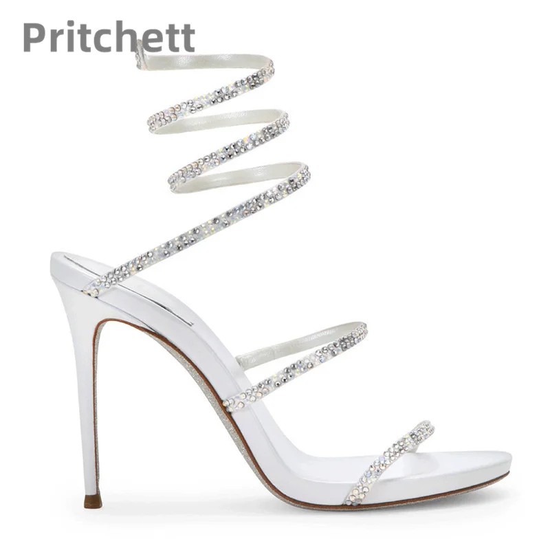 2023 Summer New Strap Super High Heel Roman Sandals Women's Slim Heel Versatile Elegant Snake Shaped Wrapped Rhinestone Sandals
