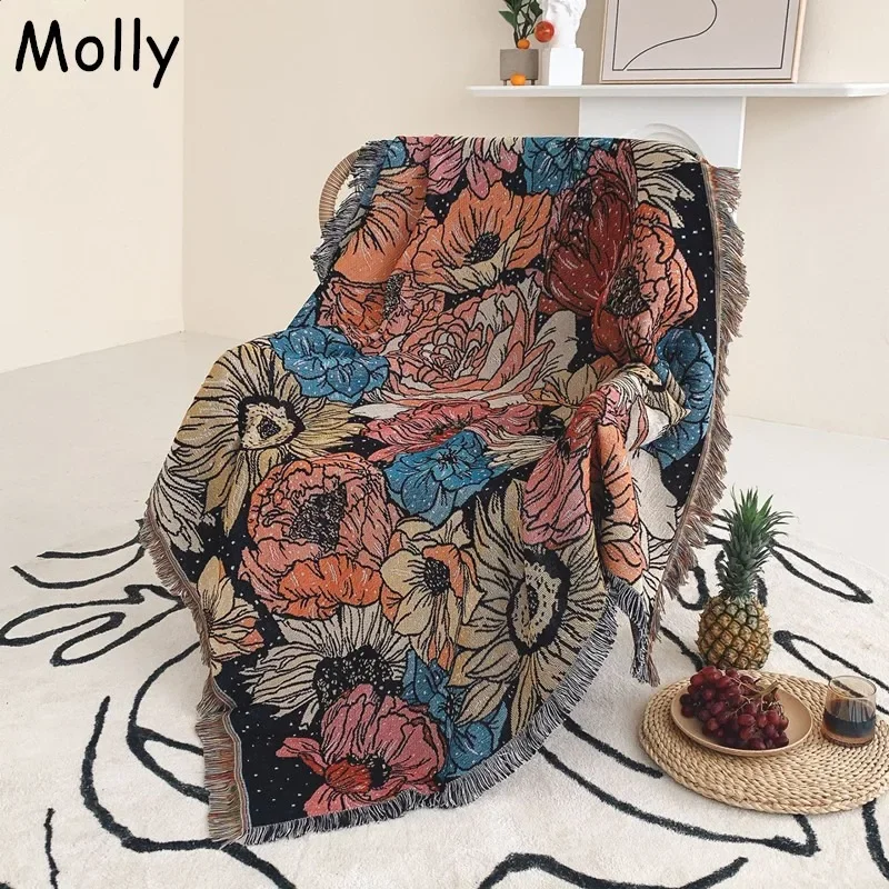 

Flowers Woven Throw Blanket for Sofa Chair Couch Vintage Knitted Tapestry Jacquard Picnic Blanket Camping Mat Blankets for Beds