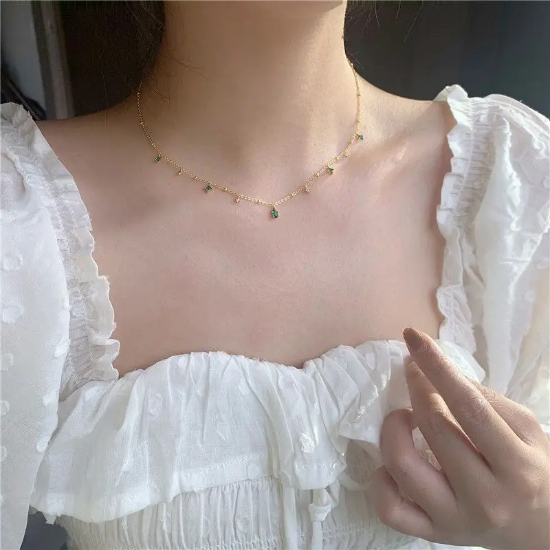 

Choker Necklace Clavicle Chain Gifts Exquisite Green Zircon Silver Gold Necklace