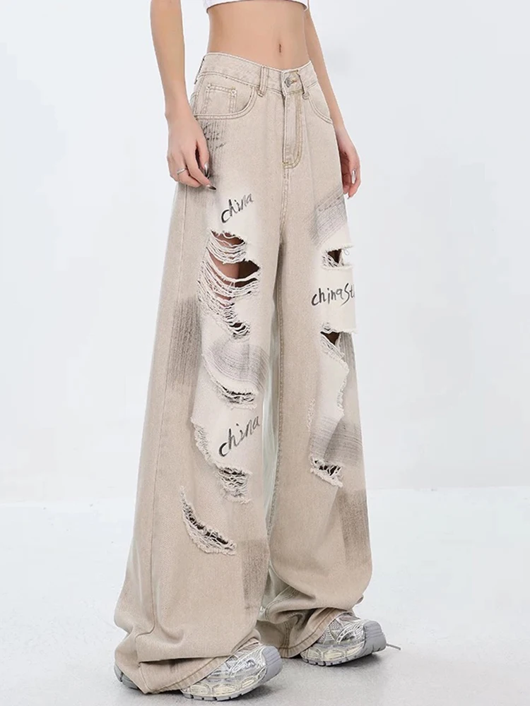 Джинсы женские с высокой талией базовые уличные штаны вырезами Модные свободные