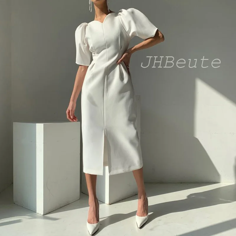 

JHBeute Elegant Women Short Puff Sleeve V-Neck Summer Dress 2022 New French Ladies Vintage Slim Waist Split Dress Female Fashion