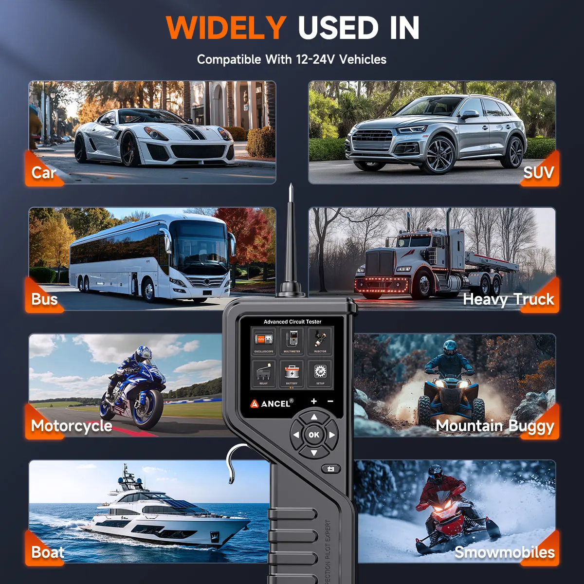 Ancel PB600 12 В 24 электрический ток напряжение встроенный силовой сканер тестер цепей