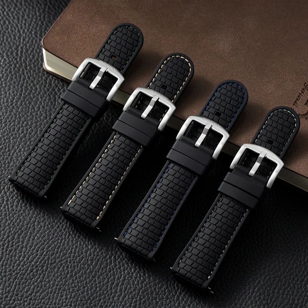 BERNY 22mm Silicon Watch Bands Soft Waterproof Replacement Stainless Steel Buckle 24mm Rubber Straps Watch for Men Accessories