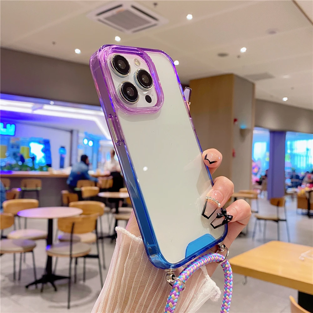

Transparent Gradient Strap Cord Chain Necklace Lanyard phone case For iphone 13 12 14 Pro Max Cover Crossbody Rope Case Capa