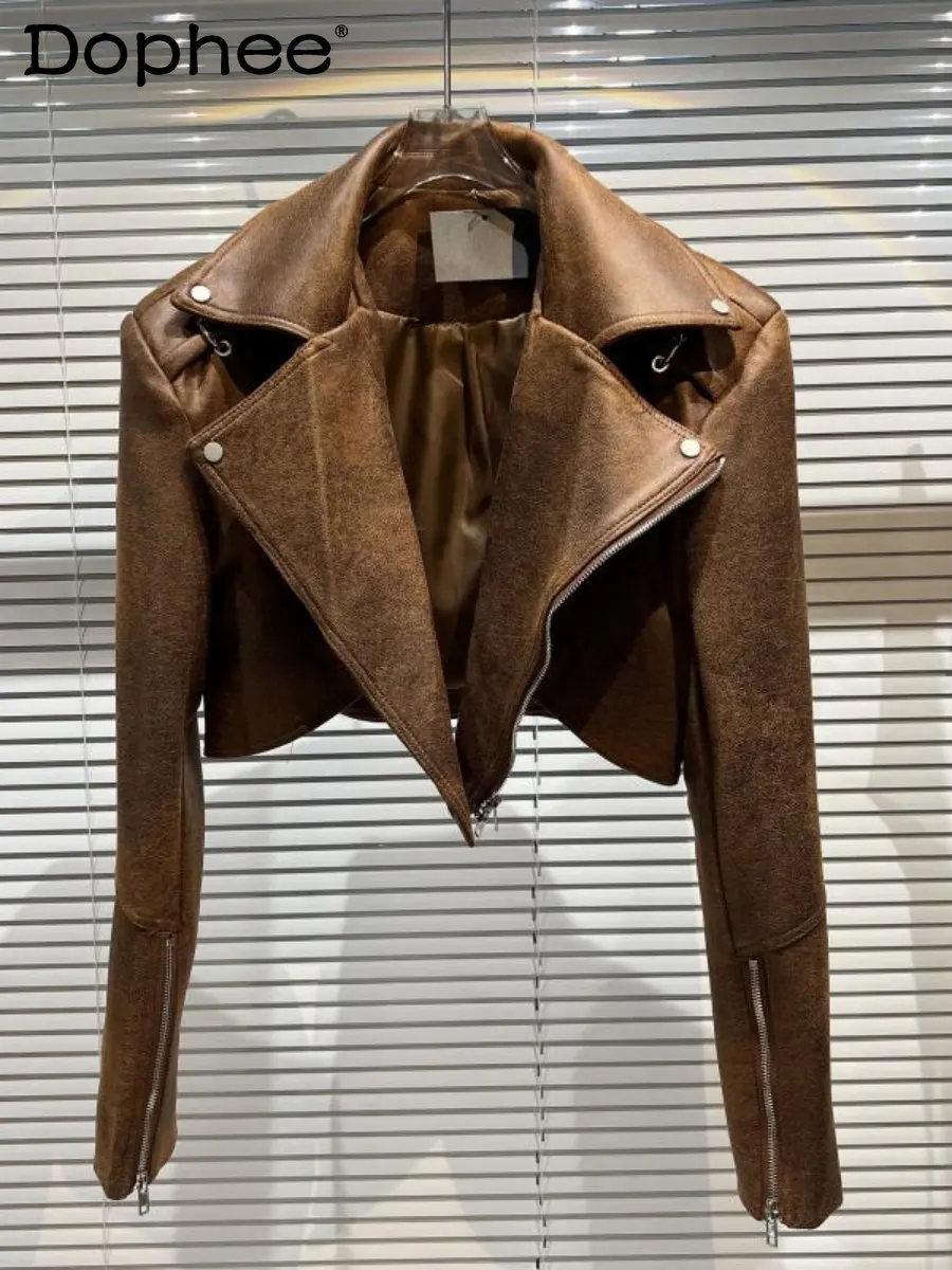 

Уличная одежда, дизайнерская мотоциклетная куртка из искусственной кожи с большими лацканами, женское короткое пальто из хлопка и кожи, Осень-зима 2022, новая женская одежда