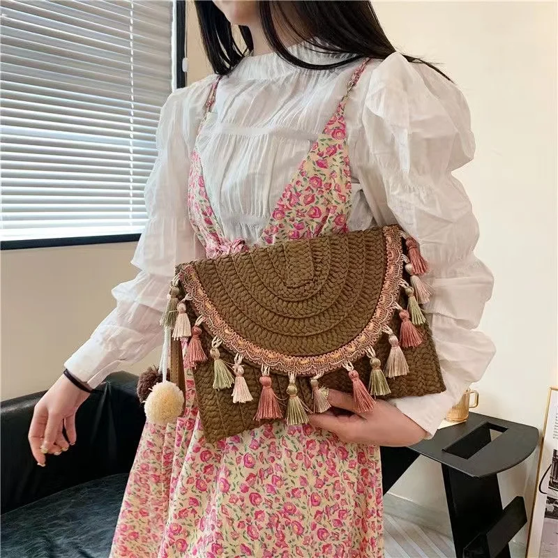 

Модная женская летняя соломенная плетеная Сумка на плечо, женская пляжная сумка через плечо с кисточками, богемные сумки, кошелек для покуп...