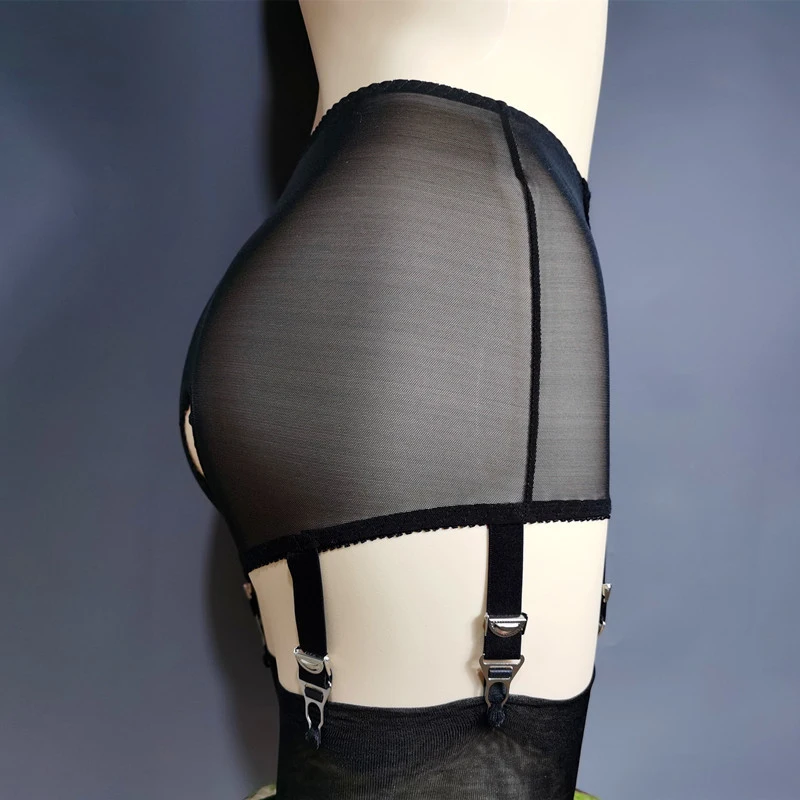 Lace Embroidery Open Crotch Garter Woman Exotic Lingerie Stockings Accessories 6 Claws Non-slip Buckle High Waist Mesh Garter