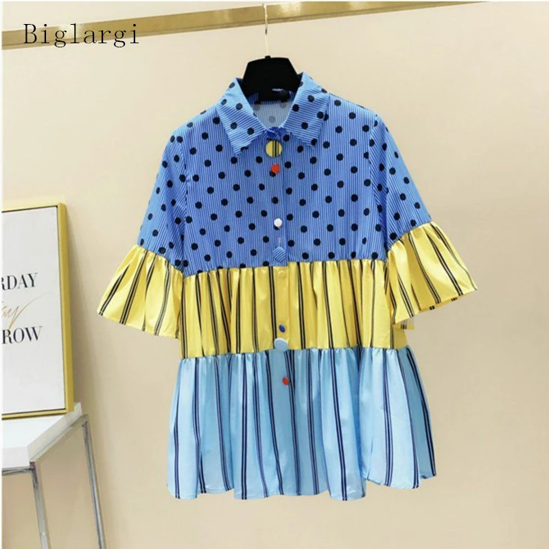 

Summer Blouse Women Fashion Contrast Color Shirt Woman Polka Dot Patchwork Striped Shirts Ladies Tops Blusas Mujer De Moda 2022