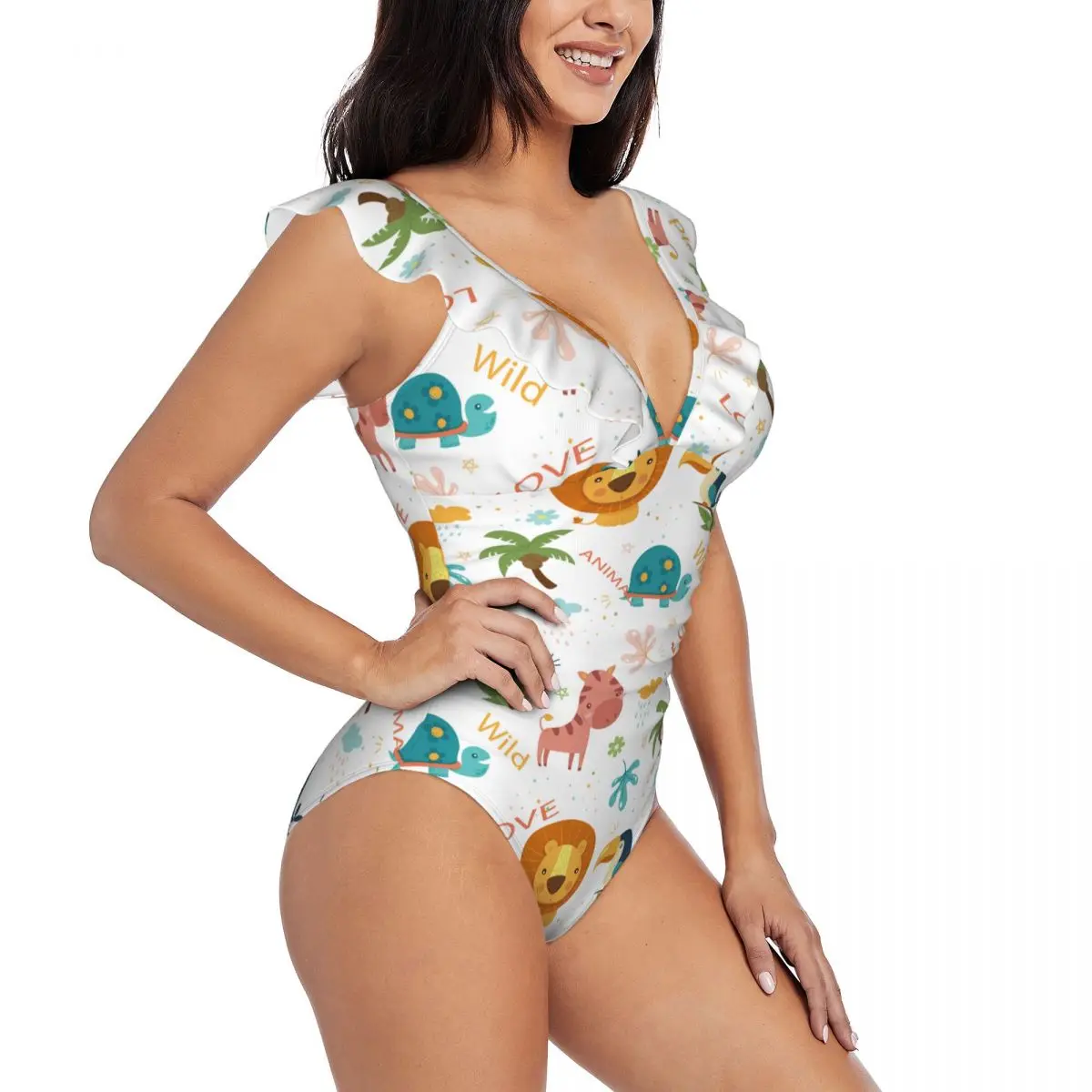 

Sexy One Piece Swimsuit Push Up Swimwear Colorful Jungle Animals Women Ruffle Monokini Swimsuit Bodysuit Bathing Suit