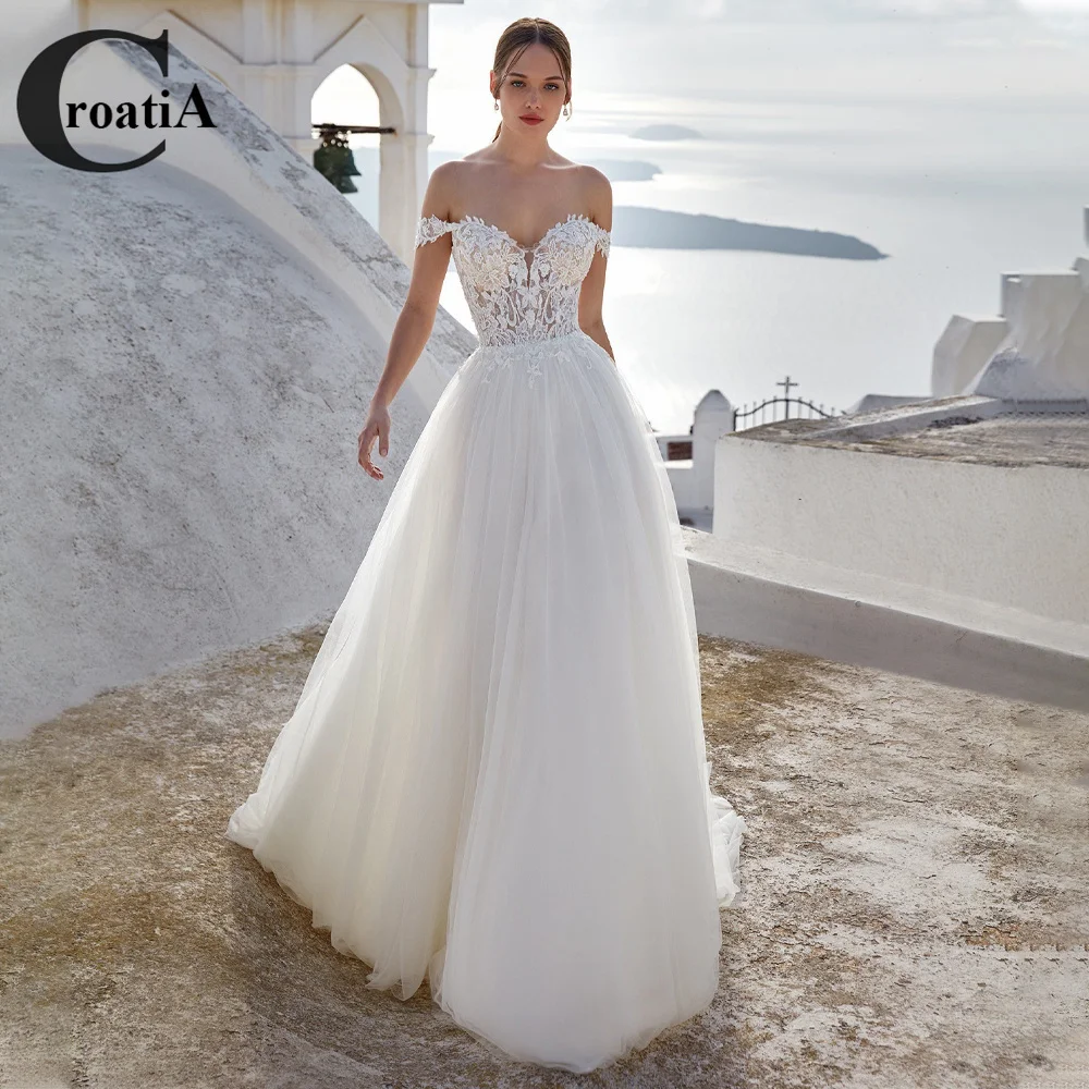 

Croadia V-Neck Attractive Wedding Gown For Bride Off The Shoulder Button Court Train Appliques Tulle A-Line Backless Customised