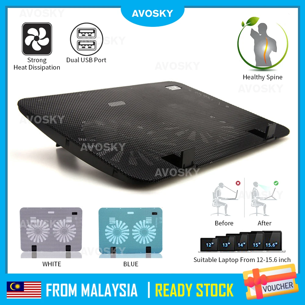 

AVOSKY Powerful Dual USB 2 Big Fans Cooling Pad Cooler Fan Adjustable Height 12-15.60 inch Laptop Computer Cooling Quiet