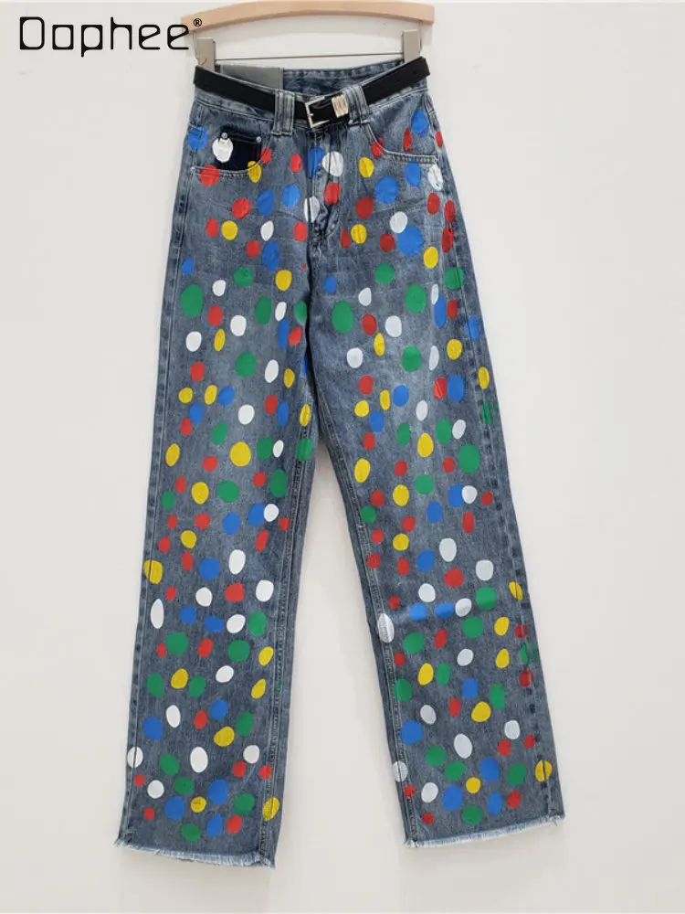 

Streetwear Color Polka Dot Painted Denim Trousers Woman 2023 Summer New Luxury Women's Loose Straight Pocket High Waisted Jeans