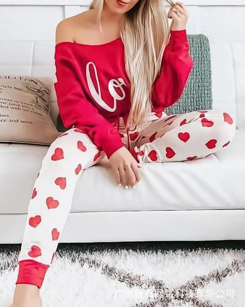 

Women's 2023 New Red Letter Off shoulder Top+Love Pants - Non positioning Print