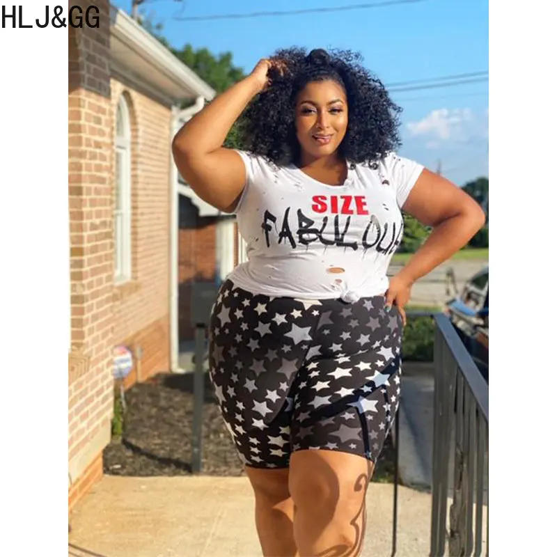 HLJ&GG Plus Size Women Shorts Sets XL-5XL Summer Hole Letter Print Tshirt+Biker Shorts Two Piece Outfits Casual 2pcs Tracksuits
