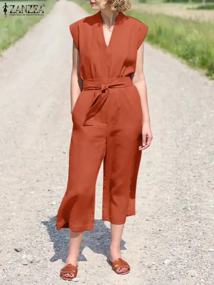 

2022 ZANZEA Fashion Women V Neck Sleeveless Rompers Summer Jumpsuits Elegant OL Work Overalls Casual Loose Playsuits Oversize