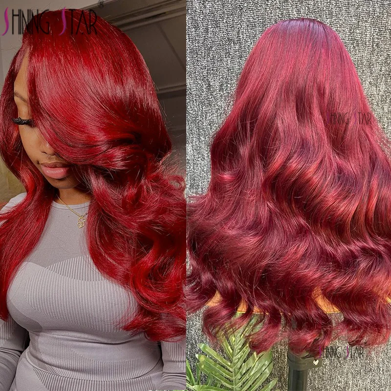 Red 13X4 Body Wave Lace Front Human Hair Wigs Preplucked 99J Burgundy Transparent Lace Front Wig Hot Red Remy Human Hair Wig 180