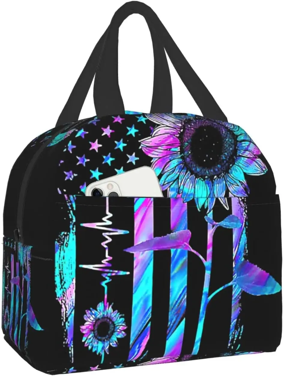 

Sunflower American Flag Lunch Box Travel Bag Reusable Insulated Cooler Lunch Bags Women Man Cute Picnic Tote Bag