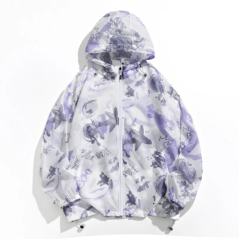 

Куртка-бомбер мужская с принтом, тонкая мешковатая куртка с капюшоном, Солнцезащитная одежда, модная уличная одежда в Корейском стиле, топы для мужчин и женщин, на лето