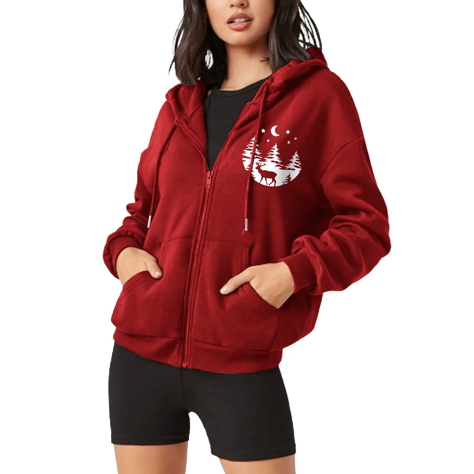 

Womens Fleece Sweaters Women's Casual Long Sleeve Zip Up Print Drawstring Sweatshirt Hoodie Jacket With Tunic Sweatshirts Women
