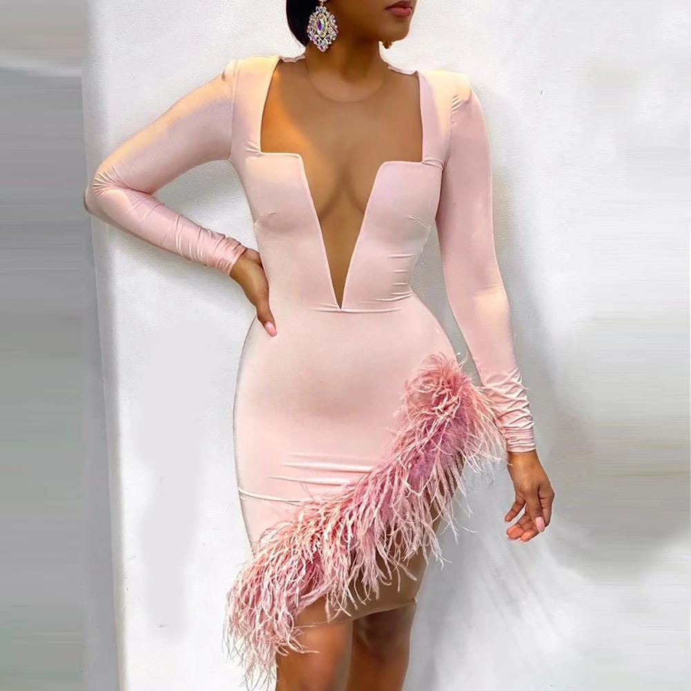 

Модный дизайн, лоскутное Сетчатое розовое облегающее Бандажное платье с О-образным вырезом и длинным рукавом, украшенное перьями, женское с...