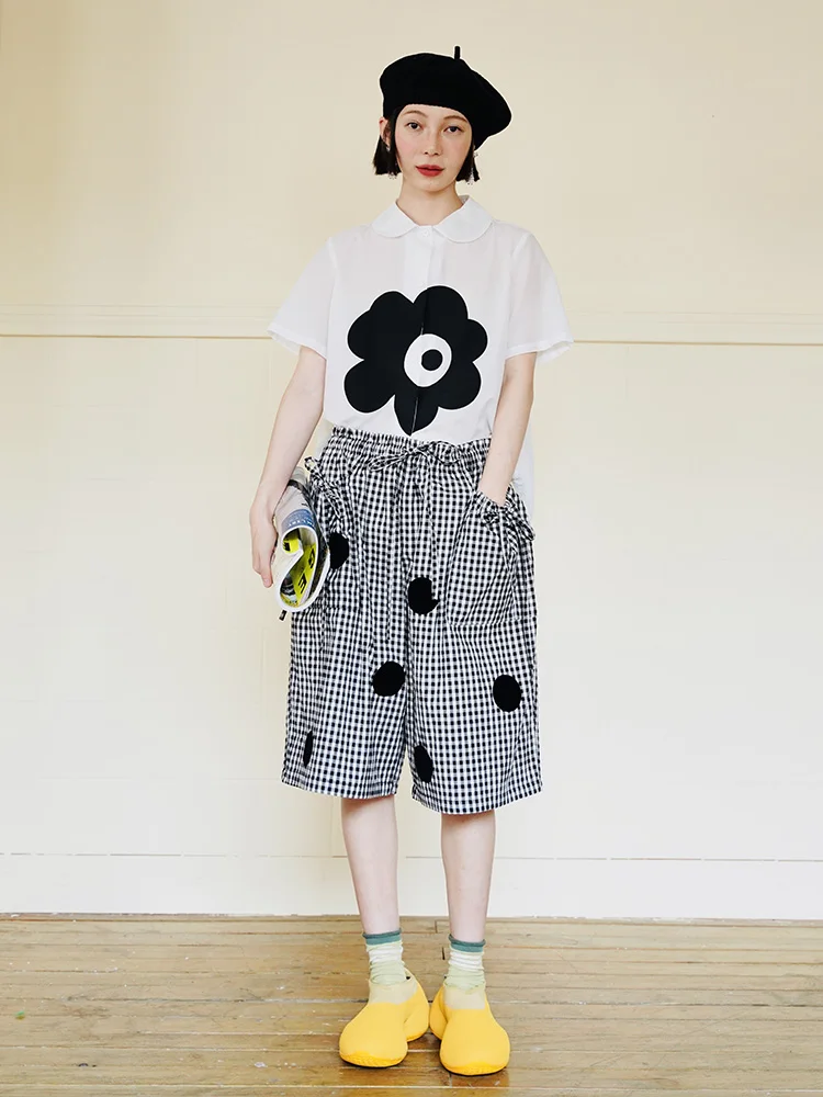 

imakokoni original 2022 spring and summer plaid polka dot casual shorts elastic waist cotton five-point pants 223742