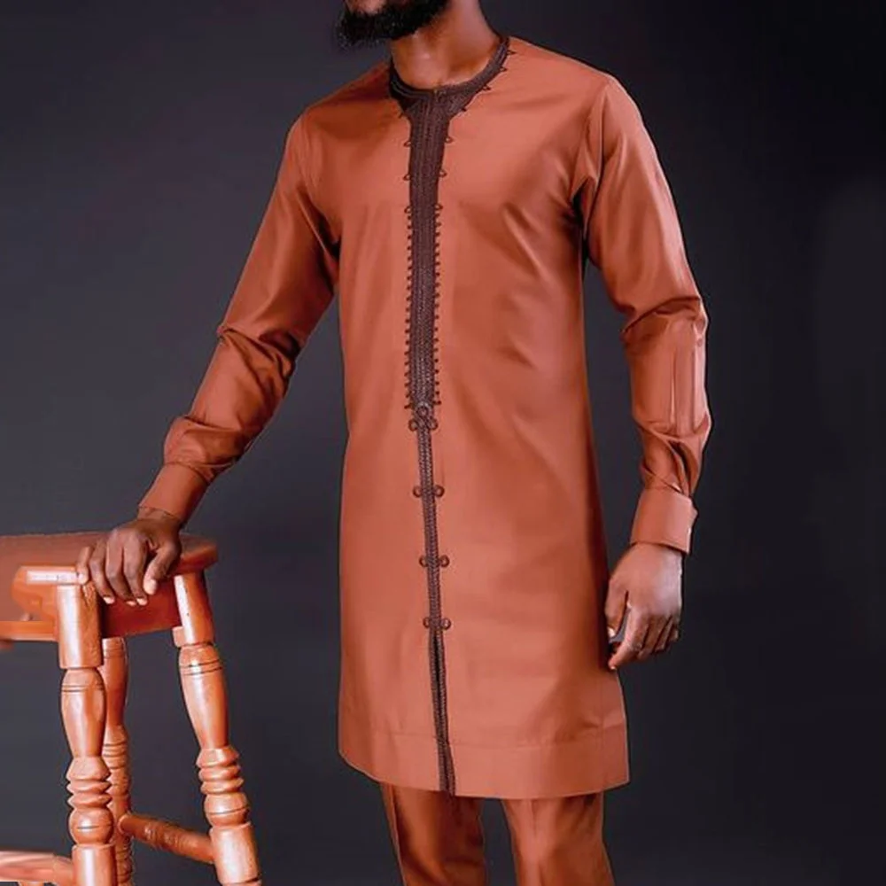 

Africa Tops For Men Medium Long Men's Shirt Red Brown Ethnic Style Long Sleeve Shirt O-neck Dubai Arabic Tops Men Clothing