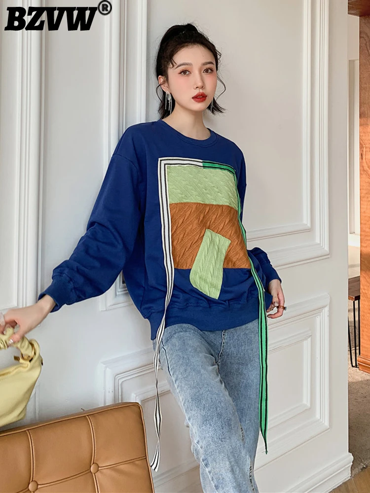 

BZVW Vintage Niche Designer Spliced Lace-up Sweatershirt Women's O-neck Contrast Color Casual Female Clothing 2023 New 25X01011