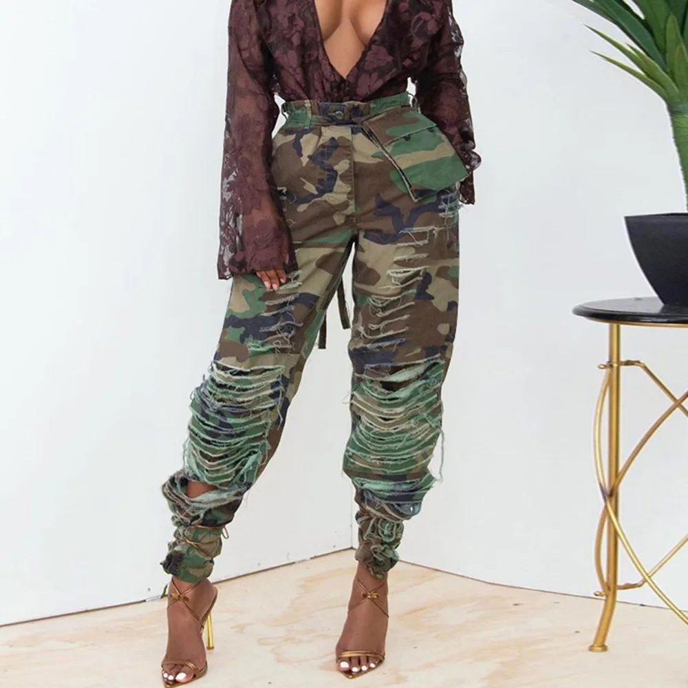 

2023 Women Spring Clothes Hollow Out Camouflage Pants Ripped Cargo Y2K Streetwear Trousers Fashion High Waist Casual Camo Pant