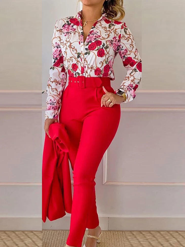 

V Neck Shirts and Pants Office Lady Outfits Summer Women Casual Pencil Pants Suit Slim Fit Long Pants Chic Print Two Piece Set