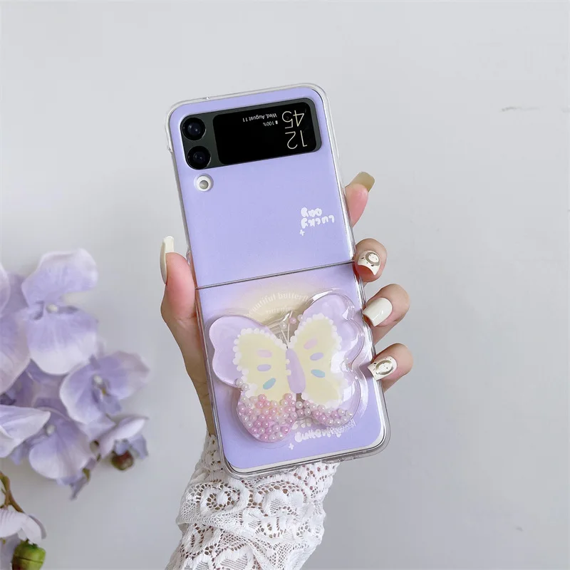 

Purple Butterfly Phone Stand Case for Samsung Galaxy Z Flip 3 Z Flip 4 Hard PC Back Cover for ZFlip3 ZFlip4 Case Shell