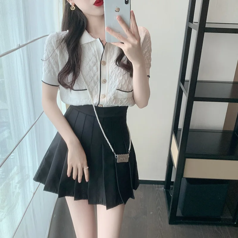 

2022 Summer New Small Fragrance Knitted Shirt Top + High Waist Pleated Skirt Sweet Two-Piece Suit