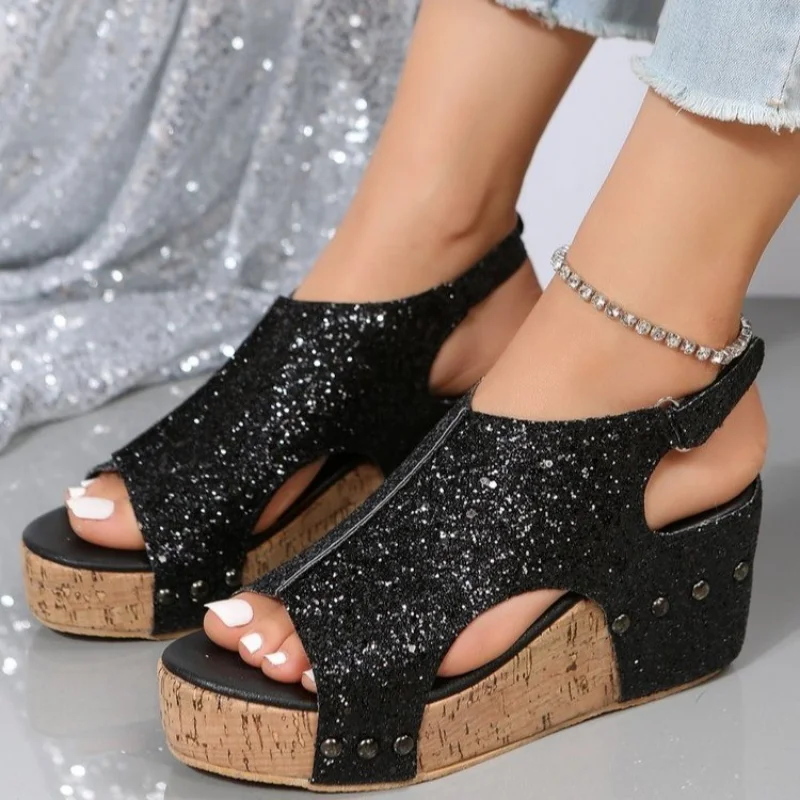 

2023 New Bling Glitter Sandals Woman Fashion Peep Wedge Sandalias Ladies Casual Wood Grain Platform High Heel Summer Roman Shoes