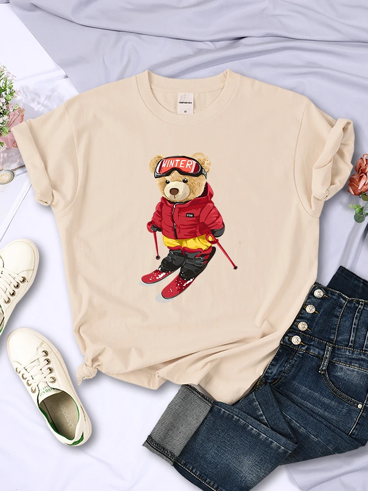 

Skiing Beginner Teddy Bear Print Womens T-Shirts Creativity Trend Cotton Short Sleeve All-math Loose Vintage Woman Tee Clothing