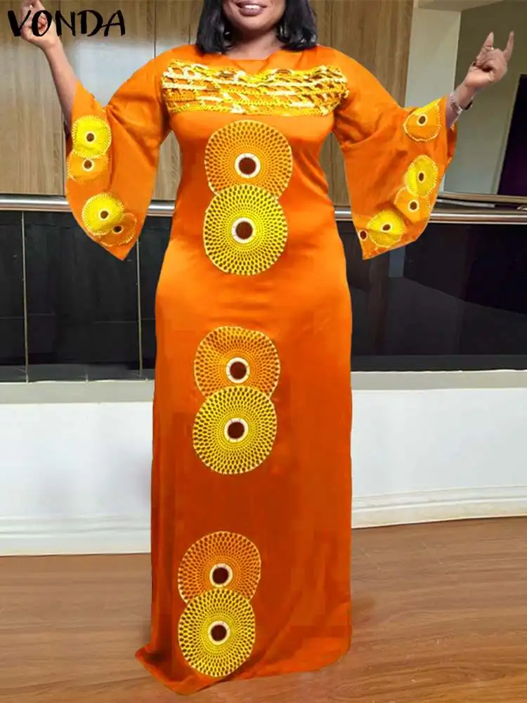 

VONDA Bohemian Maxi Dress Women Autumn Round Neck Long Flare Sleeve Vintage Printed Sundress Casual Loose Party Vestidos Robe