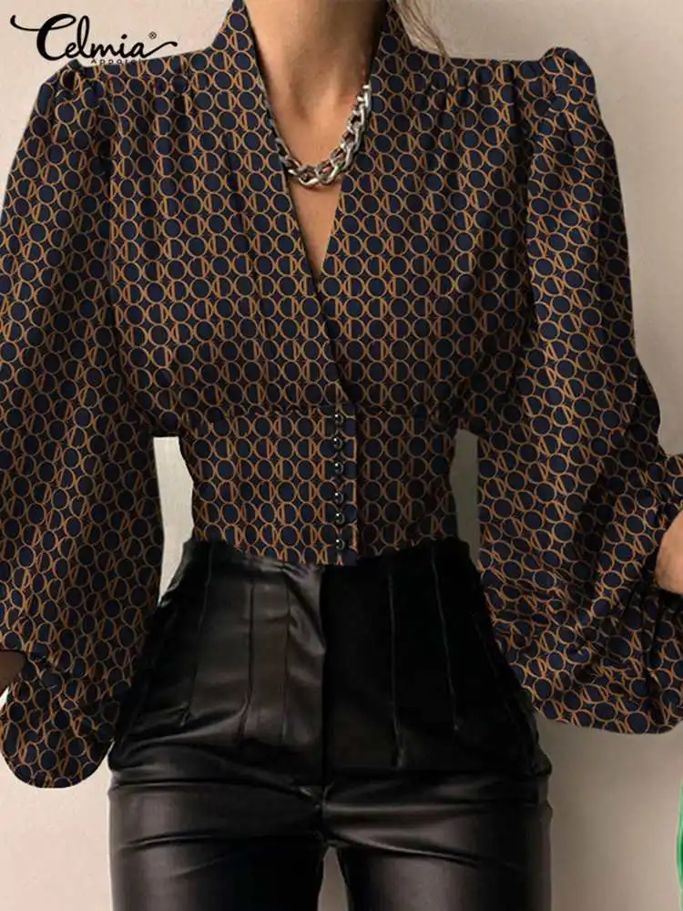 

Celmia Chic Casual Loose Shirts Puff Sleeve V Neck Vintage Print Short Tops Fashion Party Waisted Elegant Blusas Women's Blouses
