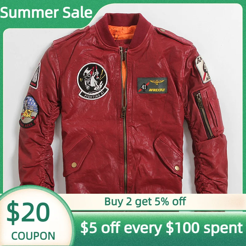 Мужская приталенная куртка из натуральной овчины красная весенняя в стиле