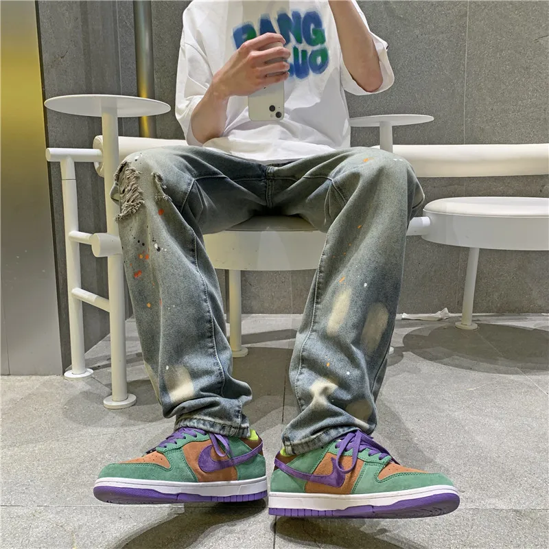 Tie-dye Jeans Men's Loose Korean Version Trend Casual Ins High Street Retro Trousers Baggy Jeans Men's Y2K Straight-leg Pants