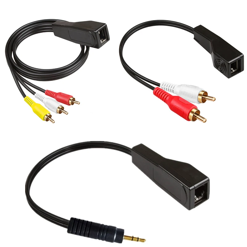 RJ45 Female to 2RCA / 3RCA Male and RJ45 Female to DC3.5mm Stereo RCA  Audio Signal Balun Extension Cord Over Cat5/6 Cable