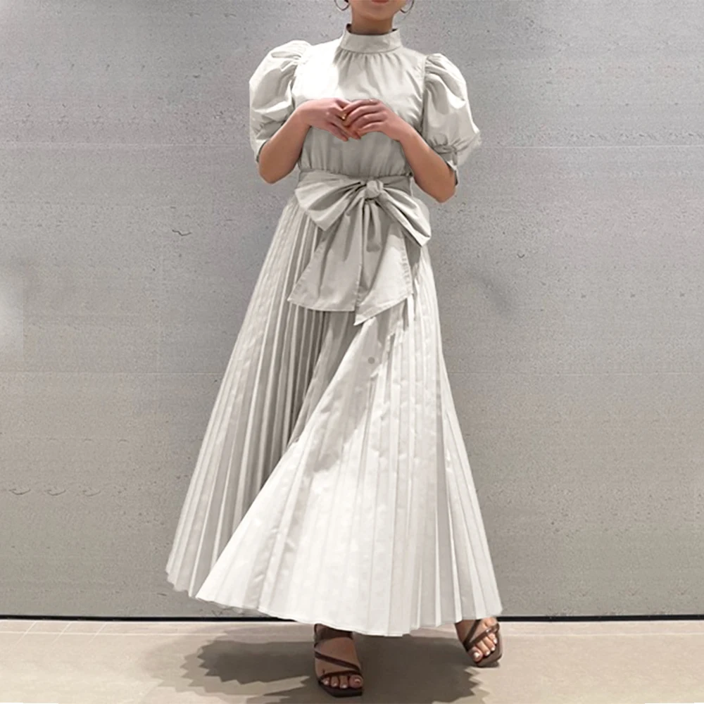 

Women Long Maxi Dresses Summer 2022 Plain Minimalist Korean Japanese Casual Elegant Fashion Puff Sleeve Pleated Dress For Lady