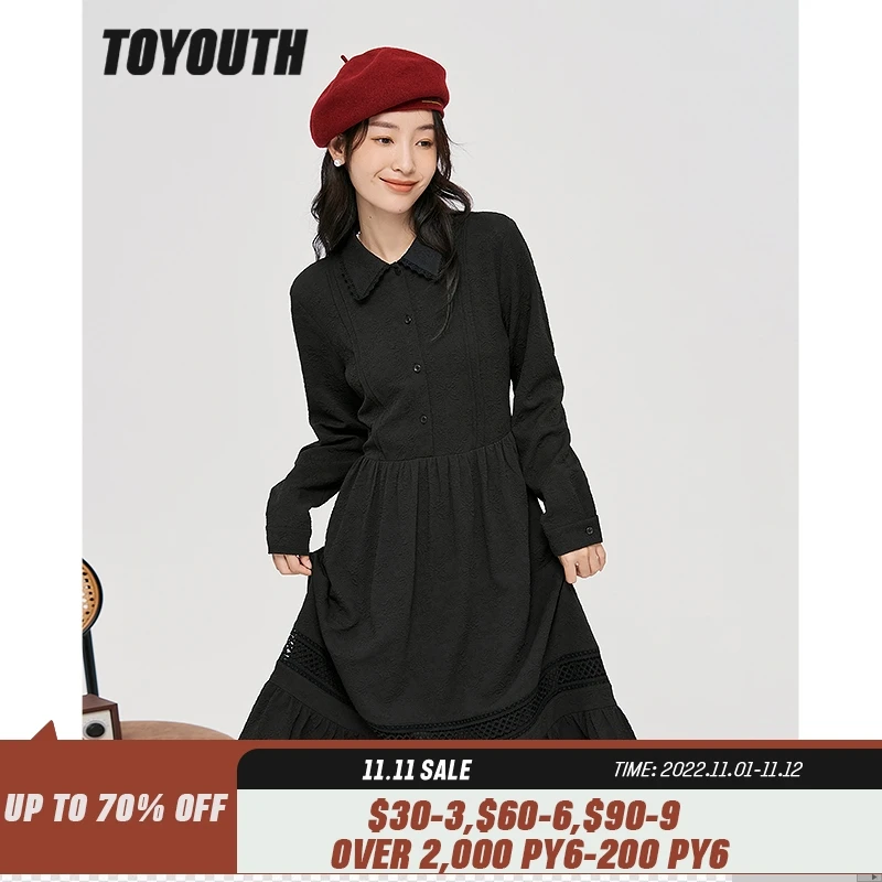 

Toyouth Women Dress 2022 Autumn Long Sleeves Lotus Leaf Collar Lace-up Polo Skirt Casual Streetwear Midi Dresses