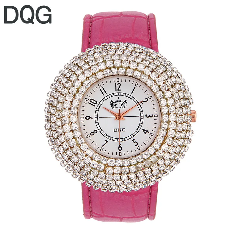 

Creative Luxury DQG Brand Montre Femme Red Leather Strap Full Diamond Arabic Numerals Large Dial Quartz Watches For Women Reloj